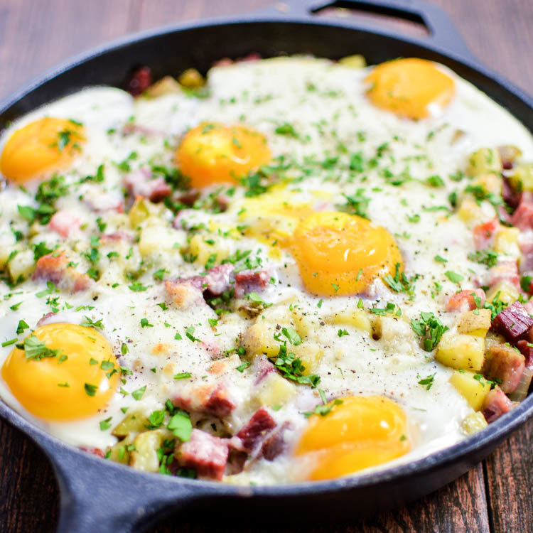 Corned beef hash with fried eggs.