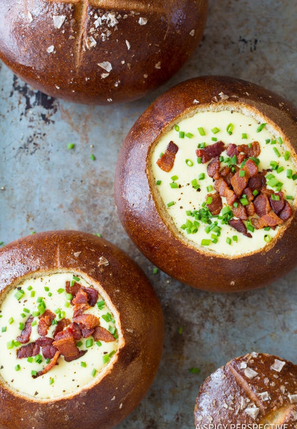 Beer and cheese soup in bread bowls.