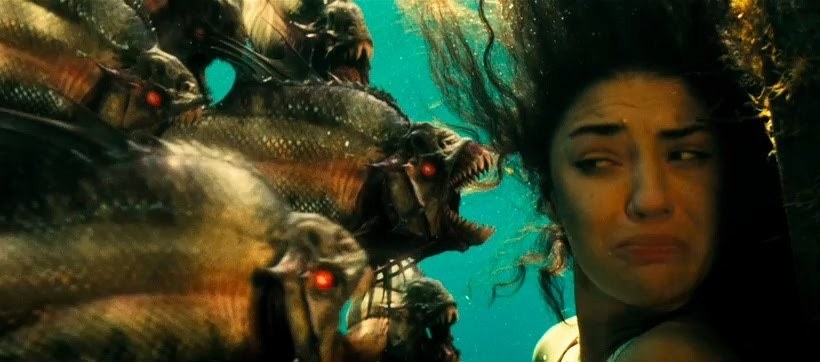 Piranhas about to attack a woman