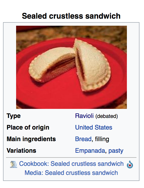 So, I checked and — at that very moment — according to Wikipedia, "sealed crustless sandwiches," A.K.A. Uncrustables, could be categorized as a type of ravioli.