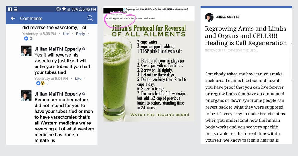 Screenshots from Epperly's Facebook group, as collected by her critics.