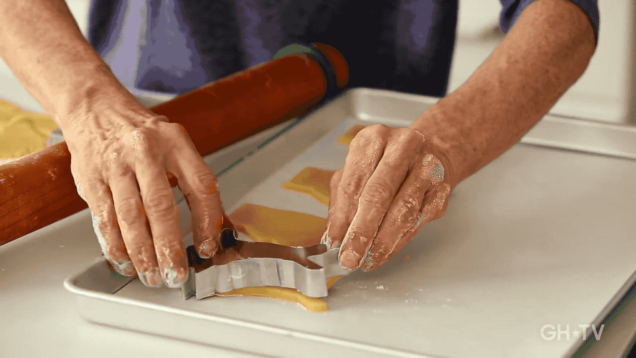 "Rolled cookie doughs are normally pretty stiff," explains Lomas. "I roll these out as soon as I make the dough and let the rolled out dough chill in the refrigerator on a cookie sheet. Once the dough is chilled (about 15 minutes later), I use cookie cutters to cut out the shapes. I then chill the cut-outs a second time on a prepared baking sheet before putting it in the oven. The cold dough helps maintain the intricate details of the cookie cutter."Check out seven more tips for preventing cookies from spreading here.