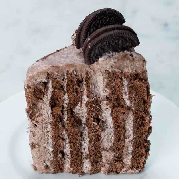 6 servingsINGREDIENTSCake10 large egg, seperated250 g (1 1/4 cups) sugar, divided1 teaspoon vanilla extract90 g (3/4 cup) cake flour60 g (1/2 cup) cocoa powder, divided1/2 teaspoon baking powder1/2 teaspoon saltIcing680 g (24 oz) cream cheese, room temperature115 g (1/2 cup) unsalted butter, 1 stick, room temperature640 g (4 cups) powdered sugar2 teaspoons vanilla extract15 chocolate sandwich cookie, crushed5 chocolate sandwich cookie, halvedPREPARATION1. Preheat the oven to 400°F (200°C). Line two baking sheets with parchment paper.2. In a large mixing bowl, beat the egg yolks with 1 cup (200 g) of sugar and the vanilla extract until pale and fluffy, about 3 minutes.3. Sift in the flour, half of the cocoa powder, baking powder and salt. Mix until just combined, and set aside4. In a separate large mixing bowl, using a hand mixer, beat the egg whites until soft peaks form. Add the remaining sugar and beat until stiff peaks form.5. Beat a third of the egg whites into the chocolate mixture, then gently fold in the remaining egg whites.6. Divide the batter between the two baking sheets. Spread evenly and bake for 10-12 minutes. Let cool at room temperature until the pans are cool to touch.7. Dust the tops of the cakes with the remaining cocoa powder. Cover with parchment paper, and flip the cakes over to remove from the pans.8. Carefully peel away the baked parchment paper and discard. Cut each cake in half vertically, then set aside.9. In a large bowl, whip the cream cheese and butter until fluffy. Gradually incorporate the powdered sugar, then the vanilla extract.10. Use a spatula to fold in the crushed cookies.11. Evenly spread a thin layer of icing onto a cake quarter.12. Starting from one short end, tightly roll the cake into a spiral. Repeat with the remaining cake layers, placing the rolled piece at the start of each new layer.13. Wrap the cake tightly in plastic wrap and chill for at least an hour until icing in center is slightly firm.14. Use the remaining icing to cover the cake and pipe small swirls on the top. Garnish the top with the sandwich cookie halves, and chill for at least an hour before serving.15. Enjoy!Inspired by:https://www.today.com/recipes/lemon-blackcurrant-stripe-cake-recipe-t117334