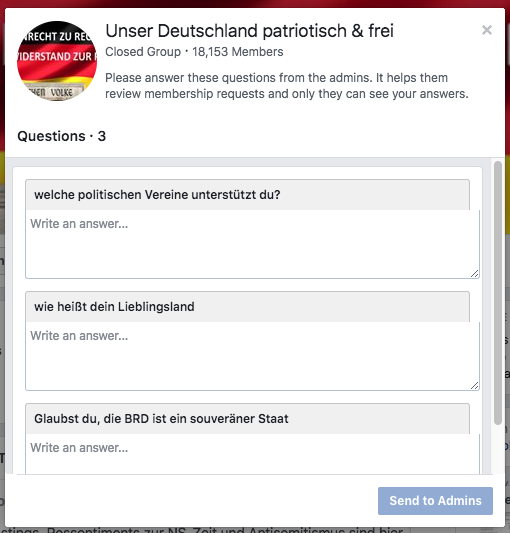 Nach Aussagen von Carsten Spindler wird vor Aufnahme in die Gruppe das Profil einer jeden Person kurz geprüft. „Meist erkennt man ganz schnell, was für eine Person dahinter steht. Im Zweifel dann lieber die Anfrage ablehnen. Aber generell gilt: Der User muss zustimmen”, sagte Spindler.„Wenn man so eine Gruppe anfängt, dann ist es erstmal schwierig zu wachsen. Deshalb habe ich alle, die ich aus der AfD kenne, hinzugefügt. Aber die mussten dem immer zustimmen.”Wer kein Mitglied der Gruppe mehr sein möchte, ist mit einem Klick auf „Gruppe verlassen” wieder draußen. Ein weiterer Klick auf das Häkchen bei „Verhindere, dass dich andere Mitglieder erneut zu dieser Gruppe hinzufügen” sorgt sogar dafür, dass man auch in Zukunft nicht mehr eingeladen werden kann.