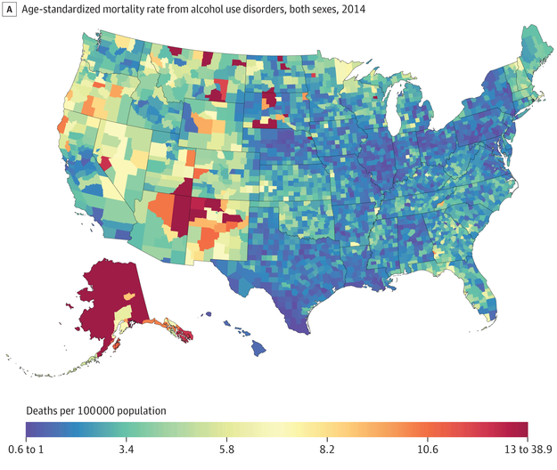 The number of alcohol-related deaths increased in Alaska and in some Southwestern states.