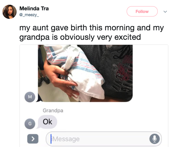 Text messages from grandpa reacting to a newborn baby and just saying ok