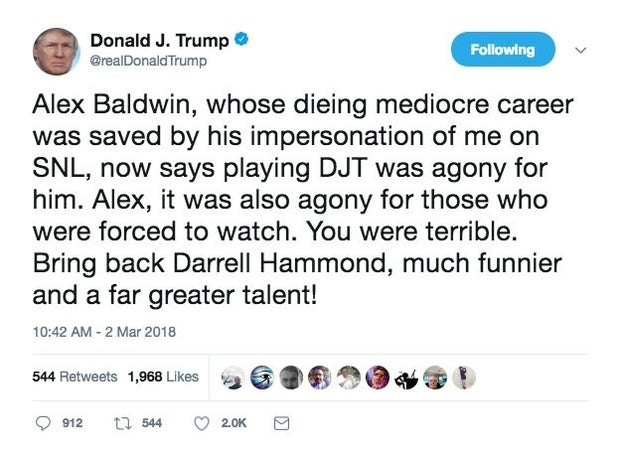 Donald Trump, the President of the United States, woke up Friday and decided it was time to slam "Alex" Baldwin's impression of him on NBC's Saturday Night Live.