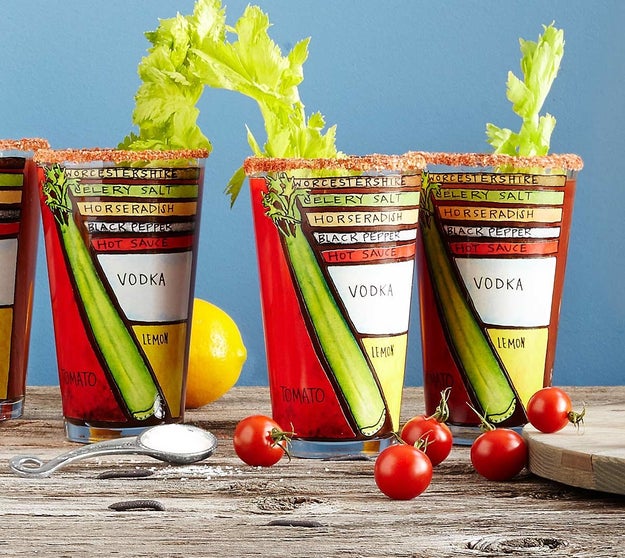 A set of diagram pint glasses for the coolest way to serve a Bloody Mary.