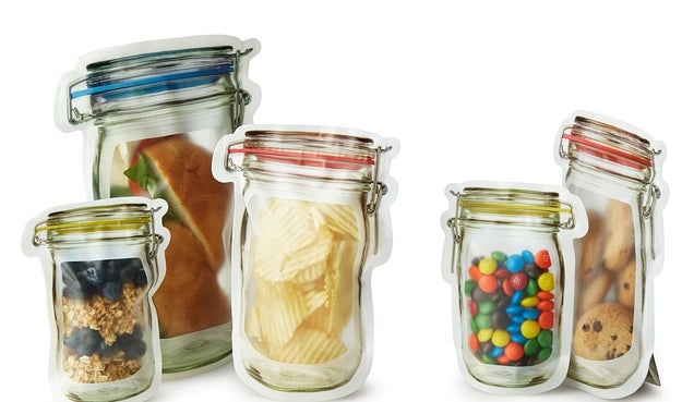 A set of reusable zipper bags people might mistake for real hinged jars because they can actually stand upright!