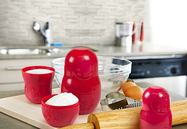 A matryoshka doll measuring cup set that'll nest neatly for storage.