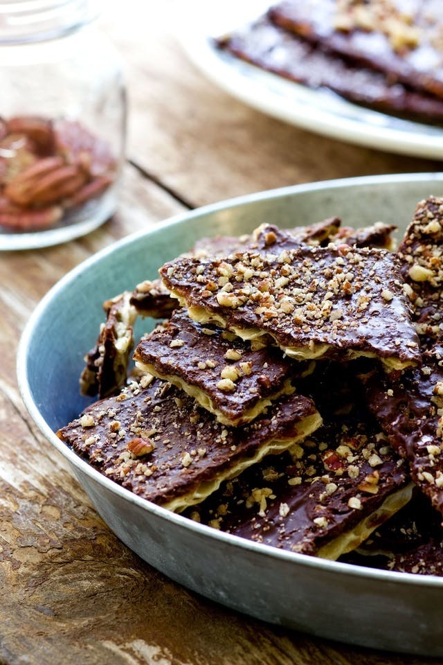 Salty, sweet, and super crunchy, these chocolate covered matzo bites come together with just four ingredients (plus any of your favorite extra toppings). Get the recipe.