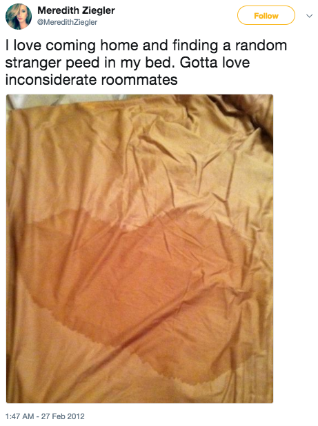 And looks like this roommate let someone sleep (and pee) in her roommate's bed:
