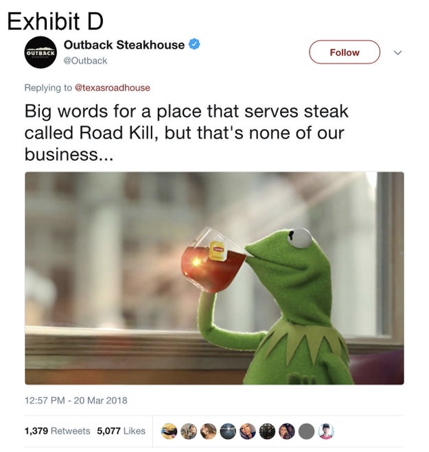 Which then led to Outback bringing the big guns in with a tried-and-true Kermit meme.