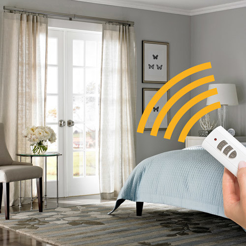 Plugs into any wall outlet, so no electrician or contractor needed. Center open is perfect for picture windows and French doors. Has a 25 lbs. load limit recommended. Installs in about 20 minutes.Get it from Walmart for $129.99+ (sizes 68–120" or 80–144") or Amazon for $150.72 (size 80–144").