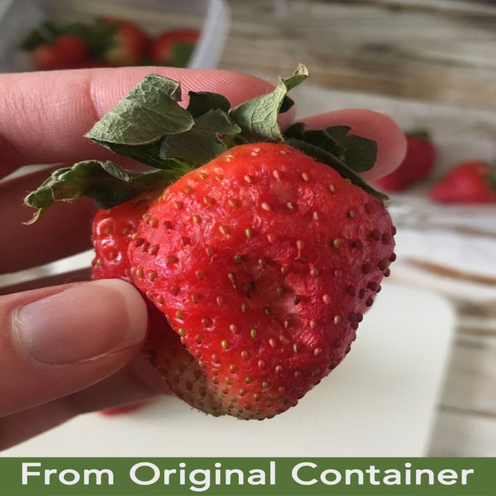 my hand holding a wrinkled, withered, not-fresh-looking strawberry with caption "from original container"