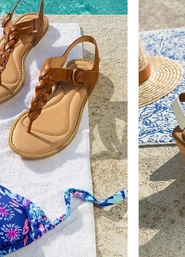 White perforated wedge sandals beside a pool with sunglasses and a straw hat