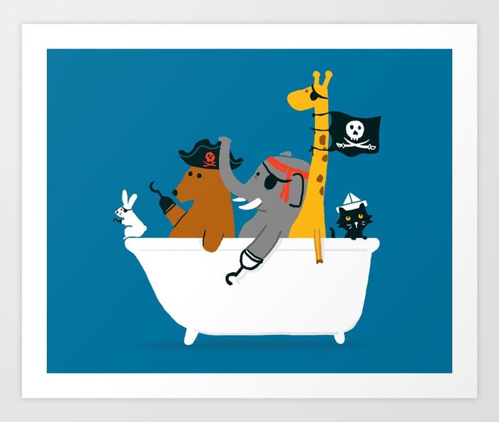 pirate animals in a bath tub art print 