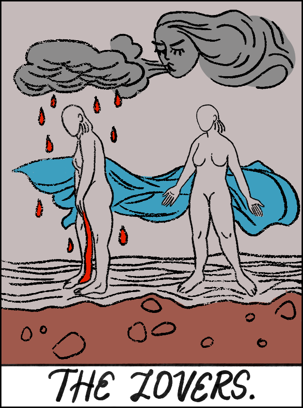Ah, Os Enamorados... Deixe-me explicar o que está acontecendo aqui. Como você pode ver, um deles está no período menstrual, então eles estão decidindo se devem ou não transar. Tipo, será que isso complica as coisas? Não deveria, mas parece que o amante à direita está um pouco hesitante.
