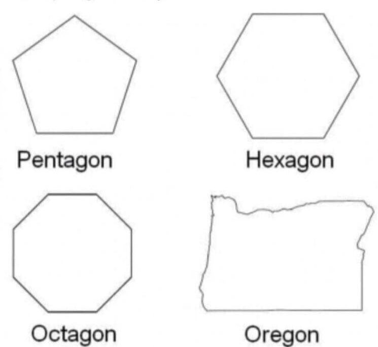 a pentagon, hexagon, octagon, and outline of oregon