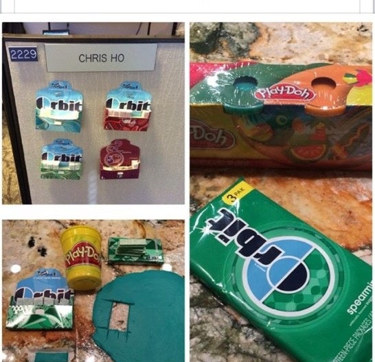 Collage of chewed items by a dog, including Orbit gum, Play-Doh, and a Diet Coke can