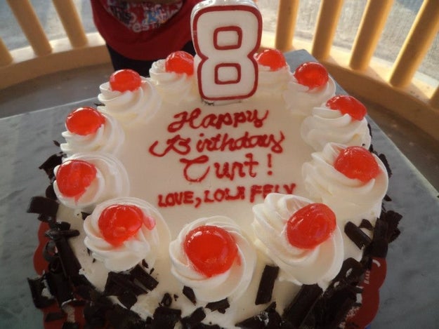 This well-meaning cake that proves "Curt" should be avoided in cursive sometimes.