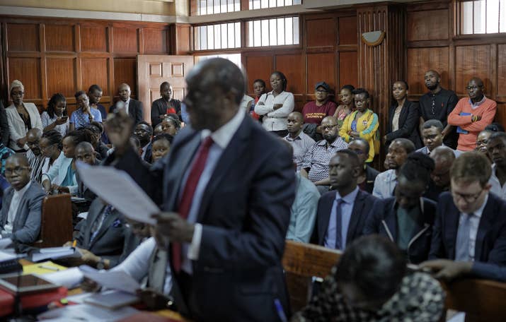 An attorney makes his argument in a packed courthouse during a hearing on the constitutionality of Kenya's penal codes.