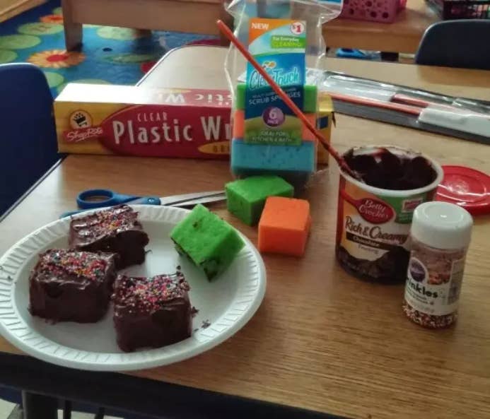 All you have to do is cover half a sponge with frosting and sprinkles. You can also make a sponge cake, but these seem more convincing!