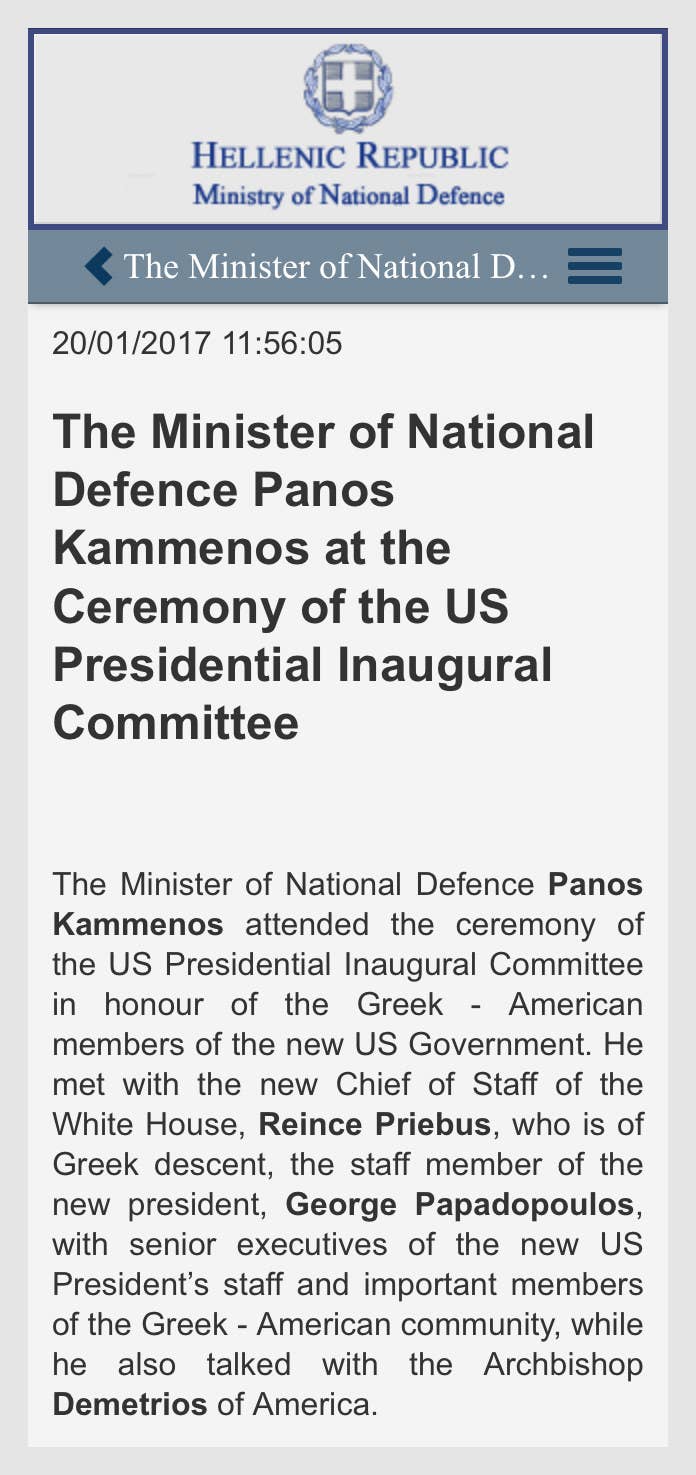 The Greek Defense Ministry site touted Kammenos's meetings with Priebus and Papadopoulos at Trump's inauguration.