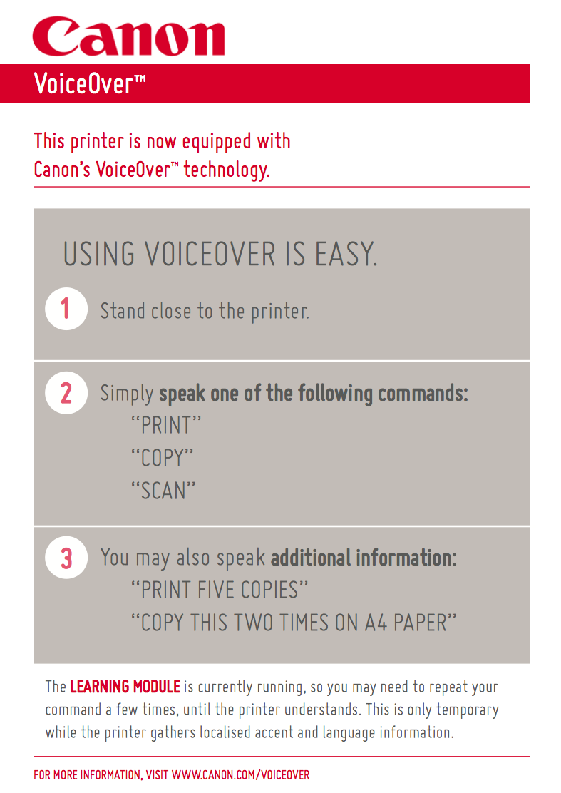 Graphic showing Canon&#x27;s VoiceOver technology steps for voice commands to use a printer; summarizes three easy steps and a learning module