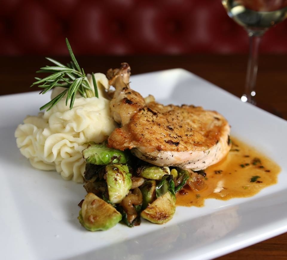 The Salt Brick Chicken is one of the favorites at Mustang Harry's. A tender, juicy piece of chicken is served with fluffy whipped potato, roasted Brussels sprouts with smoked bacon, and caramelized onion over rich pan gravy.