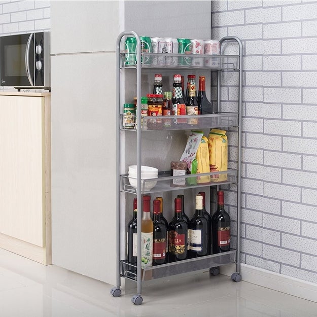 A chic little four-tier rack narrow enough to fit in the tightest spaces that'll hold everything from sauces, oils, and seasonings to wine bottles and small bowls.