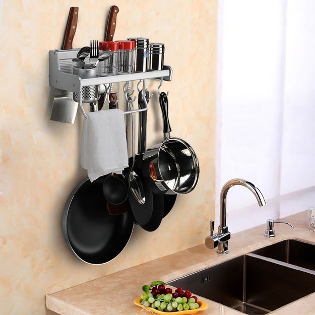 A mounted rack for your pots and pans that, tbh, you know you've been thinking about getting for forever, so maybe you should just take this as a sign that the time is now.