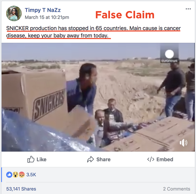 This Facebook account shared the Euronews report in a group called "foodielock.com" on March 15. It falsely told the more than 8,000 group members that Snickers cause cancer and to "keep you baby away" from the candy. The post received more than 53,000 shares.