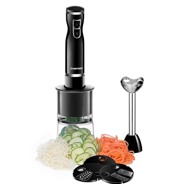 Incorporate previously cumbersome techniques like spiralizing and pureeing with just the touch of a button by using an electric handheld immersion blender.