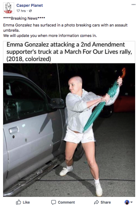 Emma Gonzalez did not attack a car with an umbrella.