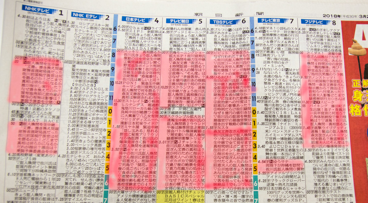 赤く塗った部分が佐川氏を報じた番組。