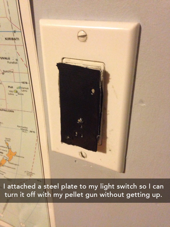 This guy who engineered his light switch to turn on without having to get up to push it.