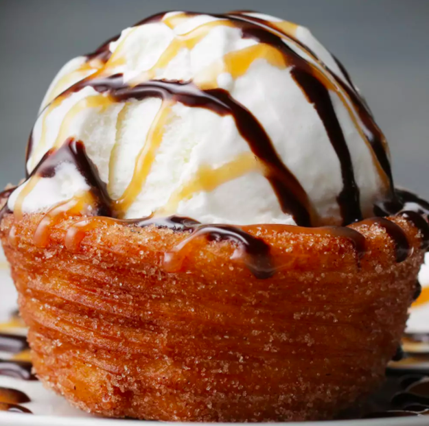 Churro Ice Cream Bowls that are formed around the inverted cups of a muffin tin. They're a scrumptious vessel for the thing you always keep stocked in your freezer.