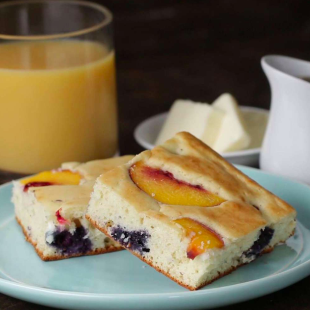 Blueberry Peach Sheet Pan Pancakes — another amazing breakfast recipe you can pop in the oven on a cookie sheet.