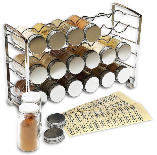 A spice rack with refillable jars so you can buy spices in bulk rather than having to get a new container every time. These come with labels you can pop right on the lid so you can identify which spice is which at a glance.