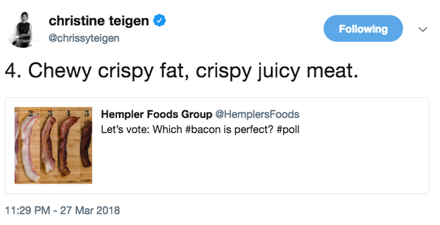 And in the blue corner we have vegetarians, who are not in the slightest bit happy with Chrissy's recent tweet where she chose her favourite kind of bacon.