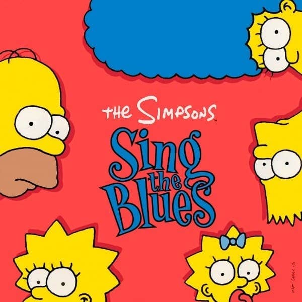 The cover for The Simpsons Sing the Blues which is red and features parts of Marge, Bart, Maggie, Lisa, and Homer&#x27;s face on it around the sides.