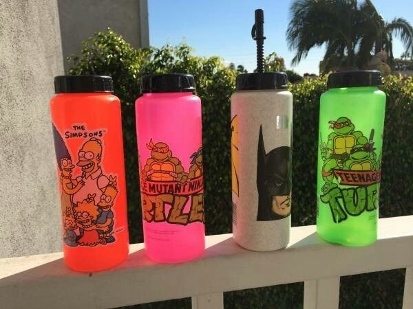 A &quot;The Simpsons,&quot; &quot;Batman Returns,&quot; and two &quot;Teenage Mutant Ninja Turtles&quot; water bottles sitting on a patio ledge. 