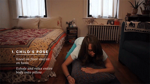 I'm not a regular yogi, but my therapist taught me that whenever I'm feeling anxious, an easy yoga position I can practice at home to soothe my anxiety is child's pose. All you have to do is kneel, sit on your heels, and stretch your arms out in front of you, letting your head relax onto your yoga mat or a pillow. Nothing feels better than a good stretch in the morning, so I actually look forward to doing this pose when I wake up. If only all exercise could be done in bed.