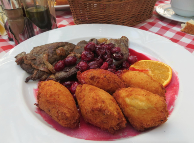 Duck with cherries at Labirintus Étterem in Szentendre, Hungary