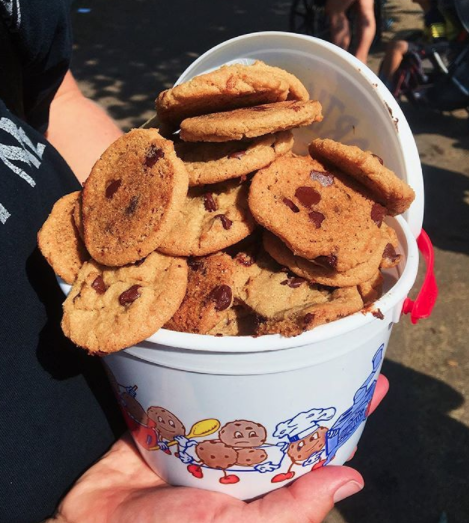 A large cup of chocolate chip cookies