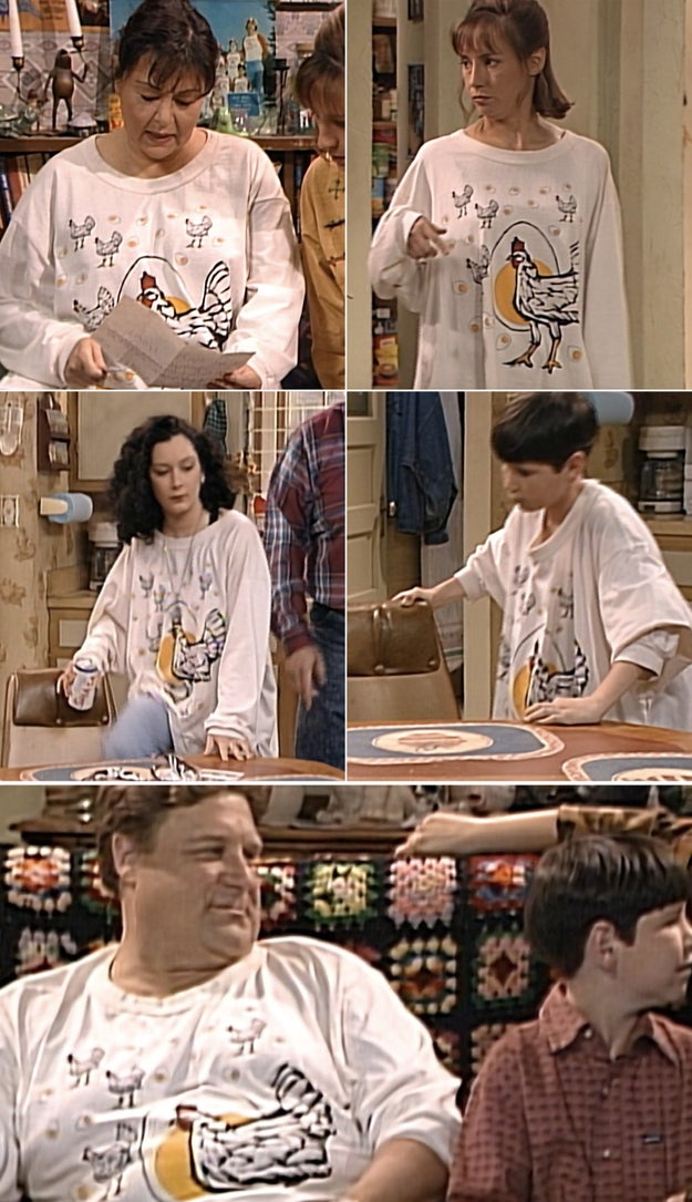 In an episode of Roseanne, each member of the Connor family is seen wearing the same chicken t-shirt, which became a running gag on the series.