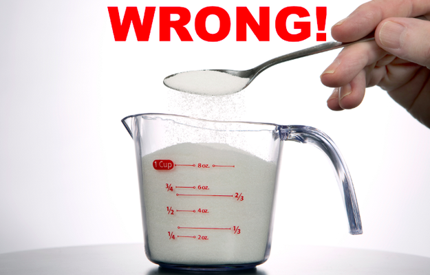 You measure dry ingredients in wet cups and vice-versa.