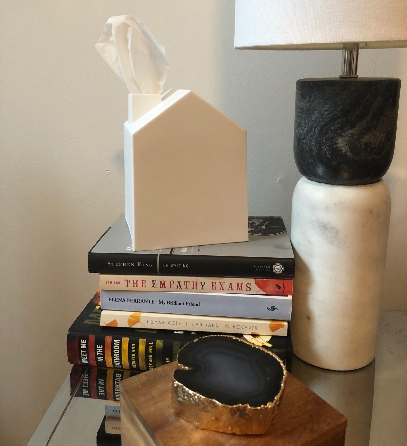 The house-shaped tissue box on a stack of books next to a lamp
