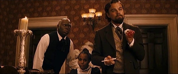 In Django Unchained, Leonardo DiCaprio cut his hand when he slammed it on a table and accidentally smashed a glass. He continued the scene. 